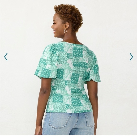 LC Lauren Conrad green patchwork sweetheart bubble sleeve tee! - Picture 2 of 5
